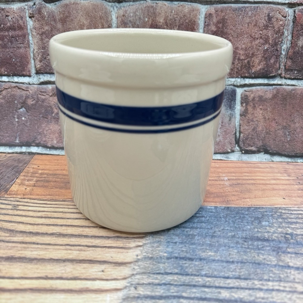 Roseville Friendship Pottery Ceramic Crock 1 Qt Ohio Navy Blue Stripe Vintage